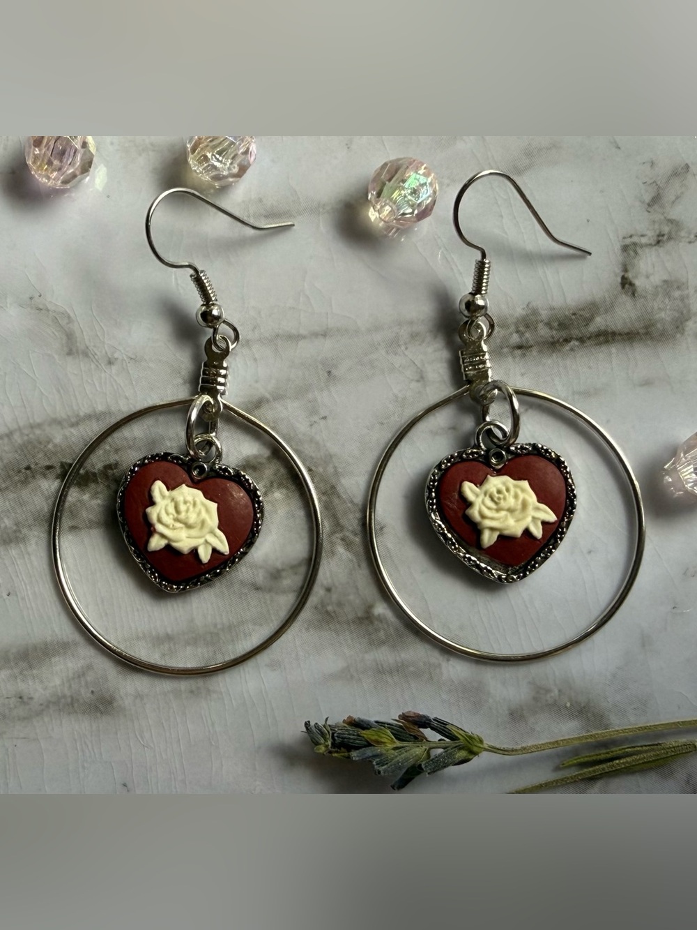 Red Heart Drop Earrings with White Rose Charm
